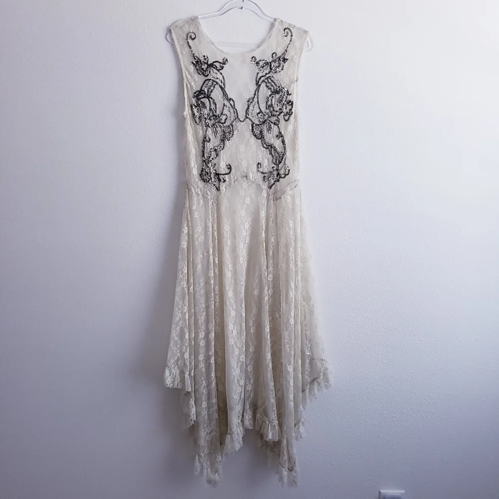 Free People Lace Beaded Bohemian Handkerchief Lace Dress